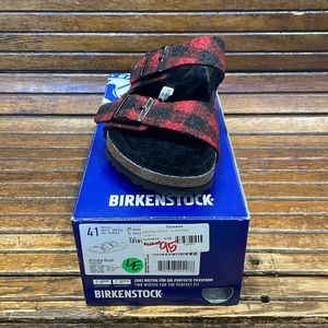 Brand new shearling Birkenstock in plaid red.